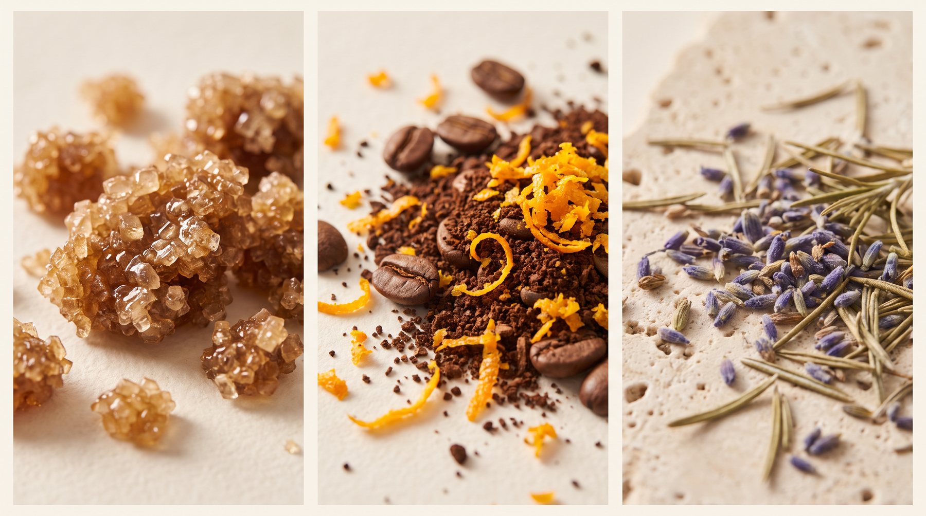 Azúcar morena con aceite de coco, café con ralladura de naranja y lavanda seca